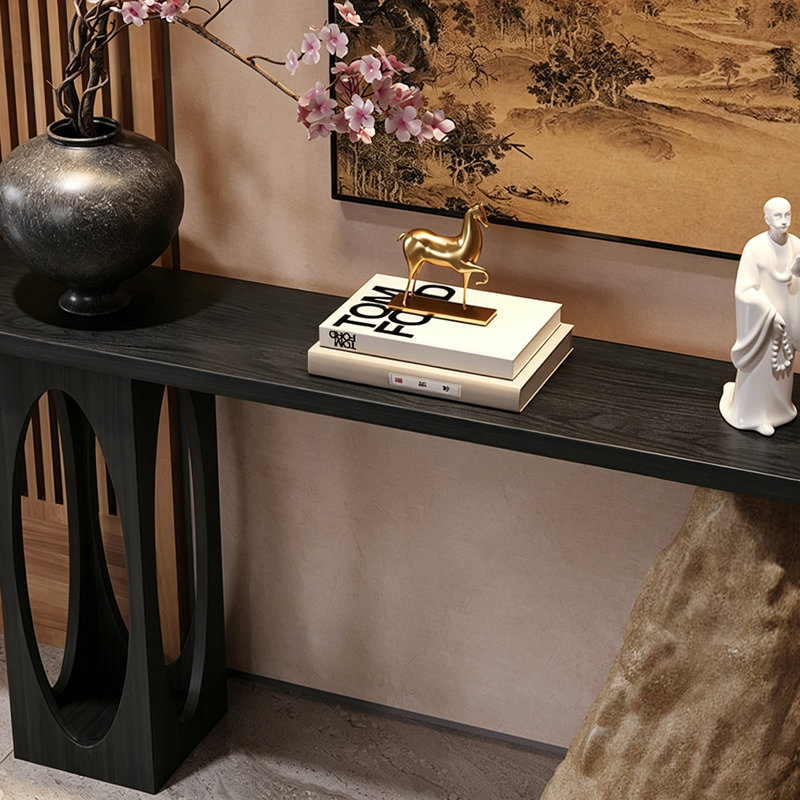 Console rétro de style chinois, 31.5" H x 59" W x 11.8" D, Noir, Noir, Noir