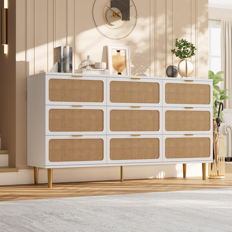Rattan 9 Drawer Dressers for Bedroom, Tall Dresser with Deep Drawers, White
