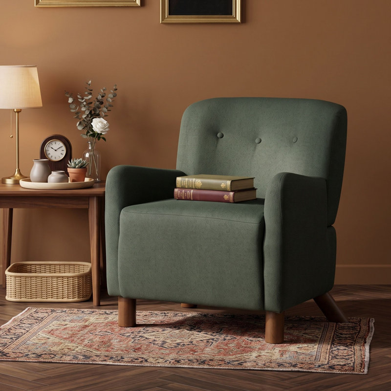 Fauteuil d'appoint moderne en lin capitonné avec siège rembourré, accoudoirs et pieds en bois d'hévéa, Vert