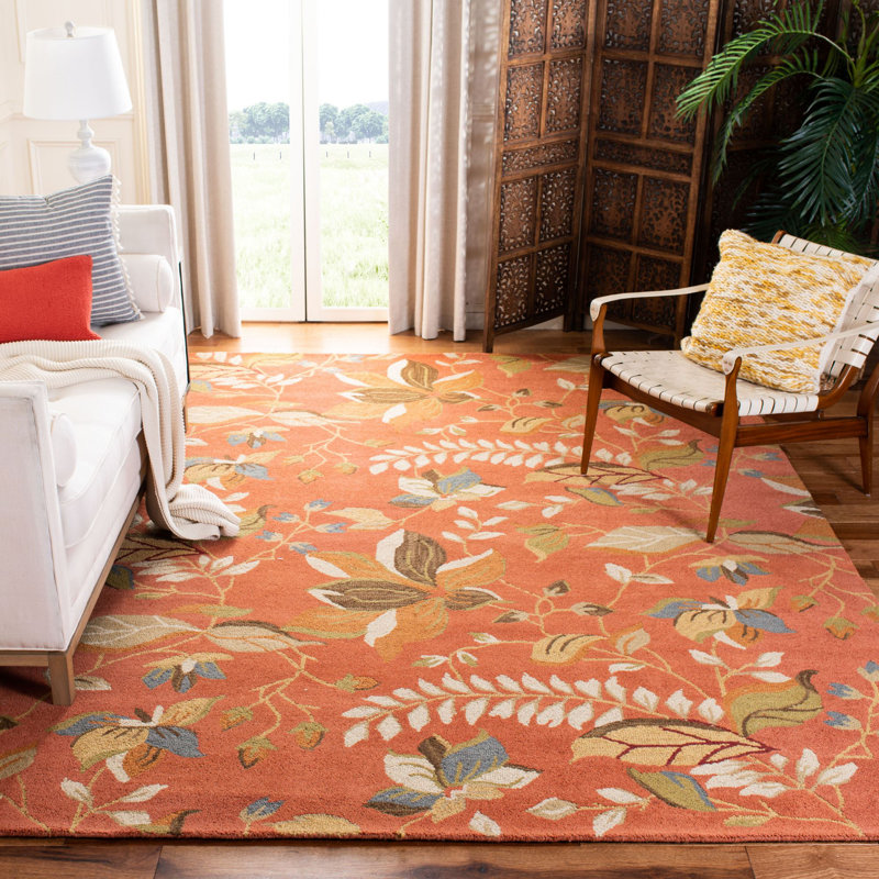 Tapis de couleur rouille en laine / coton / latex crocheté à la main à motif floral Emrick, Rectangle 8 pi x 10 pi