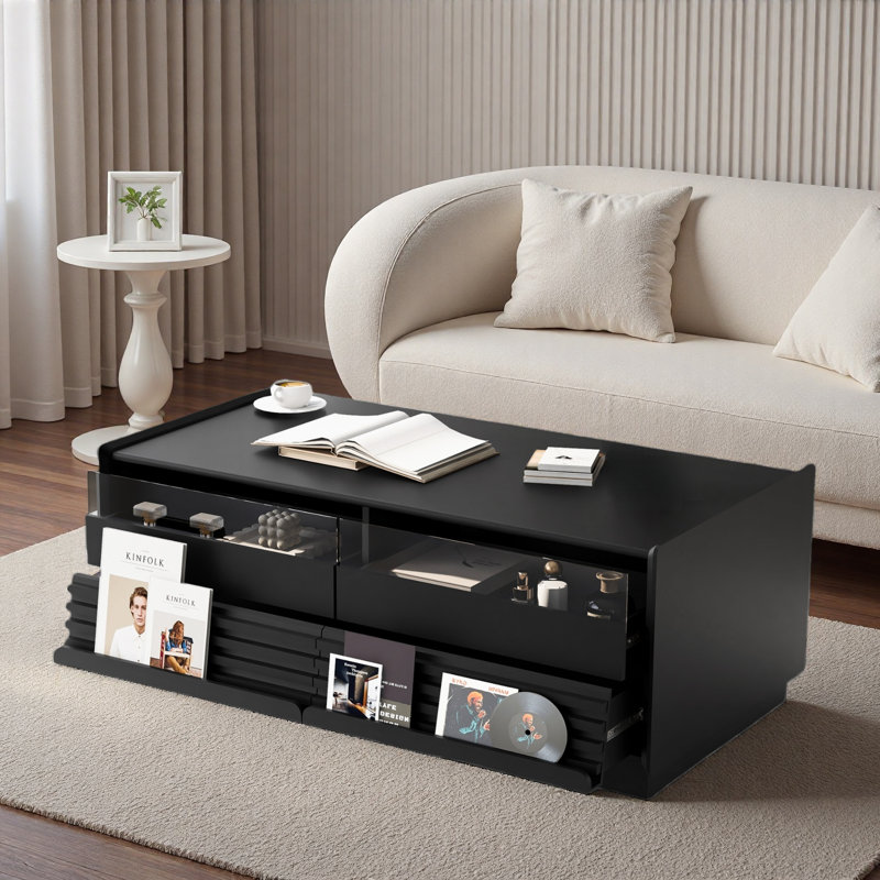 Table basse moderne moderne avec 4 tiroirs et 2 tablettes, Noir