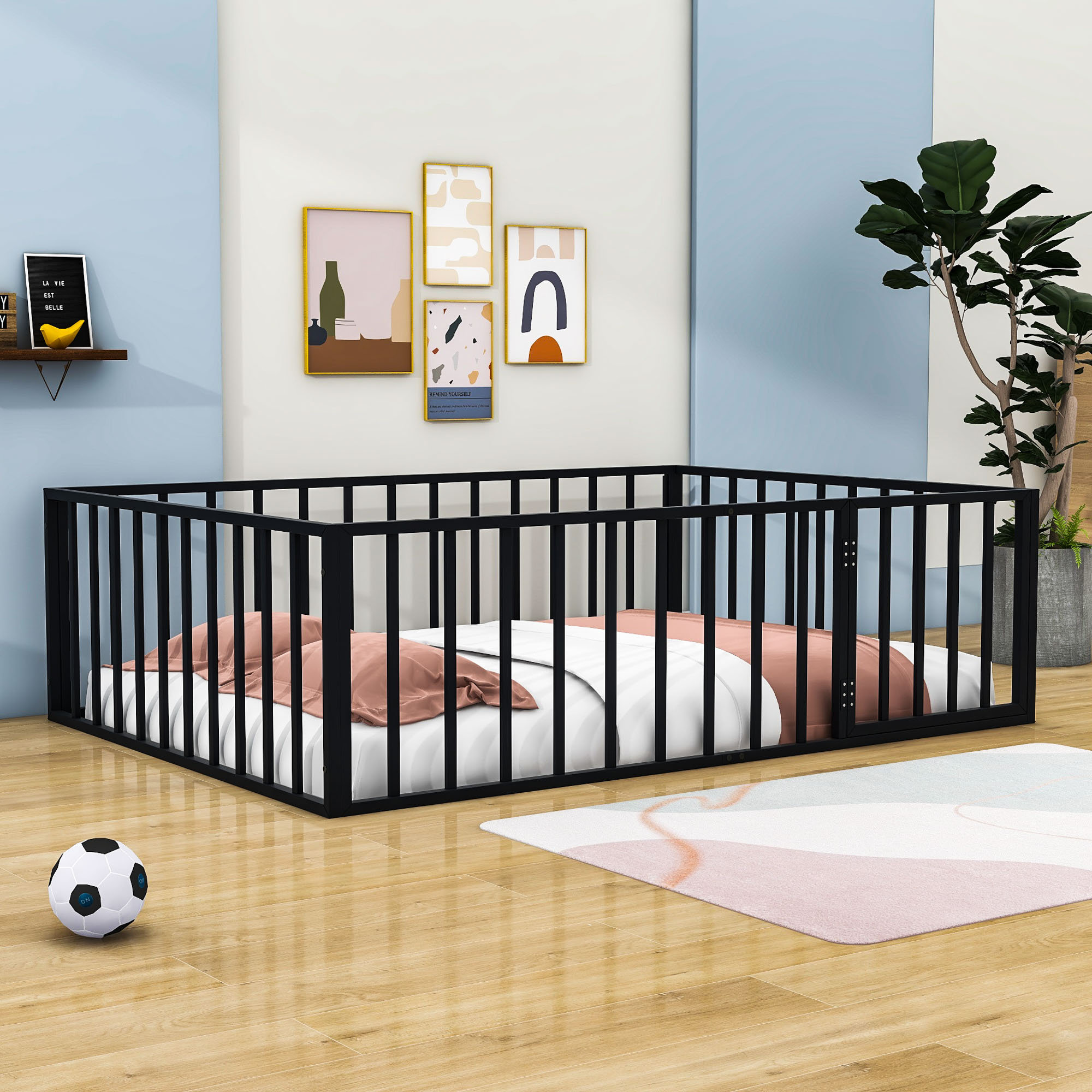 Harriet Bee Idonah Metal Floor Bed with Fence and Door | Wayfair