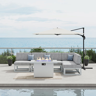  Ensemble de meubles de patio en aluminium 6 pièces avec table de feu, ensemble de conversation modulaire d'extérieur en forme de L pour la cour