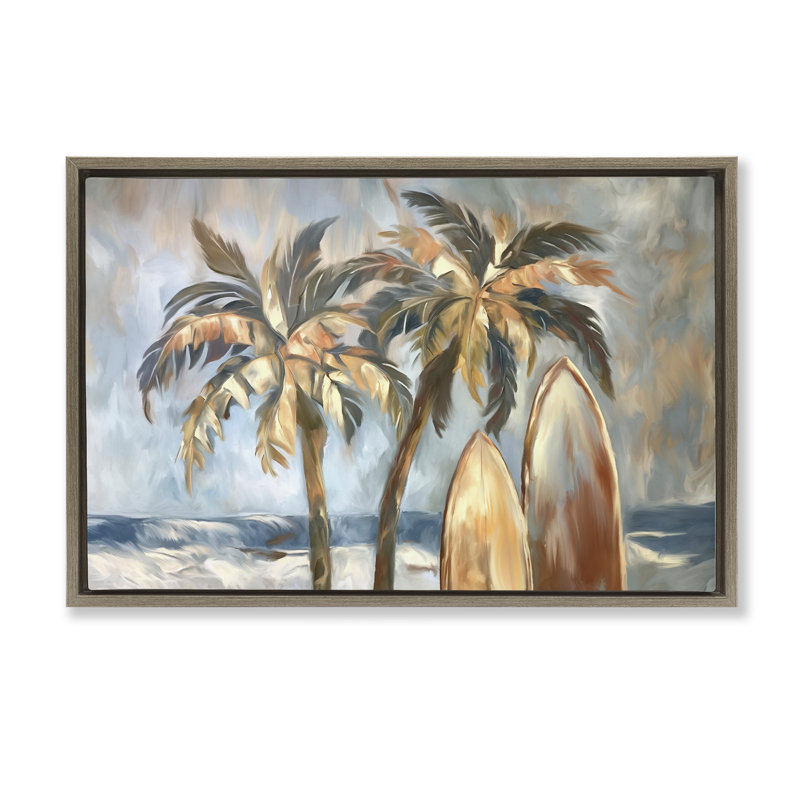 Cadre flottant Warm Tropical Surfboard, design par Ramona Murdock, H 17 po x l 25 po, Cadre flottant orme Montalcino
