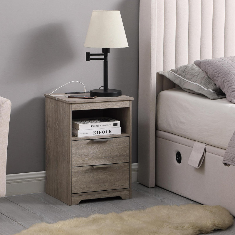 Table de chevet avec station de charge, table de bout avec 2 tiroirs, table de bout en bois avec tiroir et tablette d'ouverture, table d'appoint pour chambre à coucher