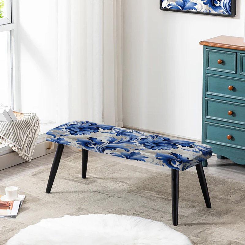 Banc victorien bleu à motif floral tourbillons ornementaux