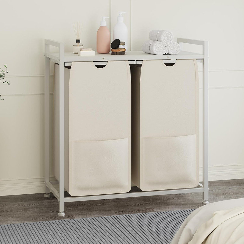 Organisateur de panier à linge avec tablette - 2 sacs en tissu Oxford rétractables, 12,8 gallons chacun pour la salle de bain