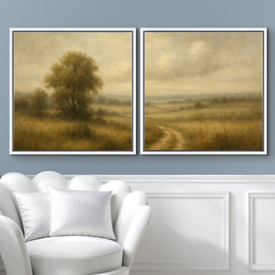 Golden Countryside Tree and Path Peaceful Landscape Wall Art Set Framed Master Bedroom Wall Art Work 2 Pieces Print