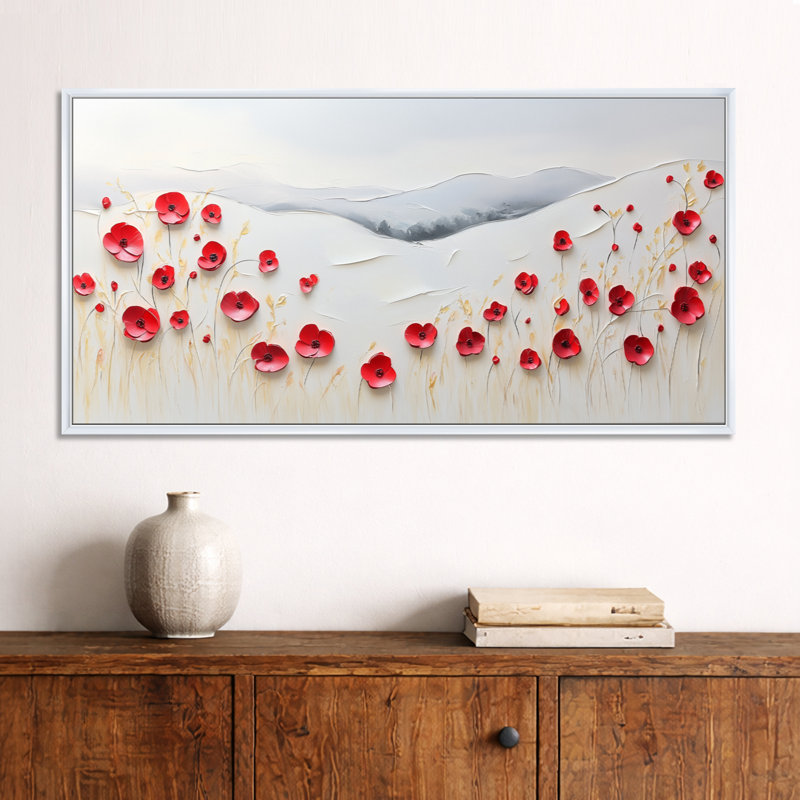 «Red Gray Harry I», art mural encadré floral rouge, impressions sur toile colorées, H 24 po x l 32 po, Cadre flottant blanc