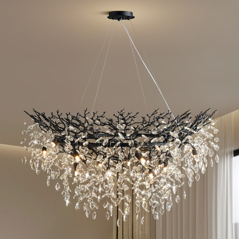 Lustre en cristal 14 lumières Modern, Noir mat, H 19,68 po x l 47,24 po x P 47,24 po