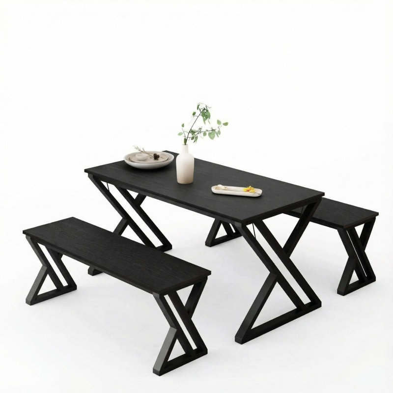 Square Dining Table Set for 4, Extendable Wooden Table with Upholstered Chairs, Compact Kitchen Set, Black/Black, Black