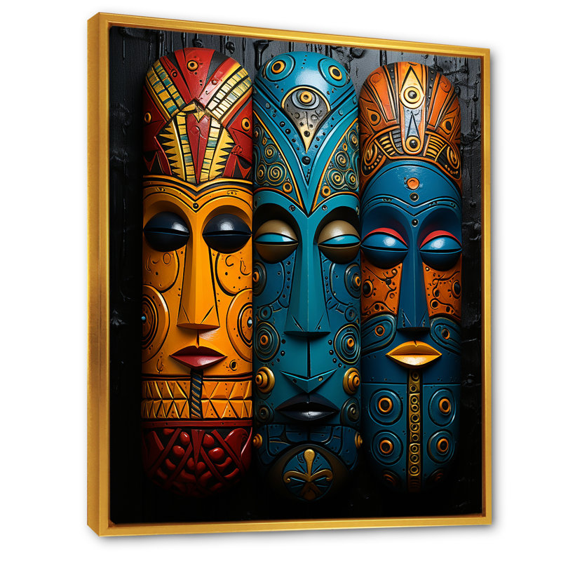 Masques de tribus mystiques d'Afrique I, Cadre flottant doré, H 32 po x l 16 po