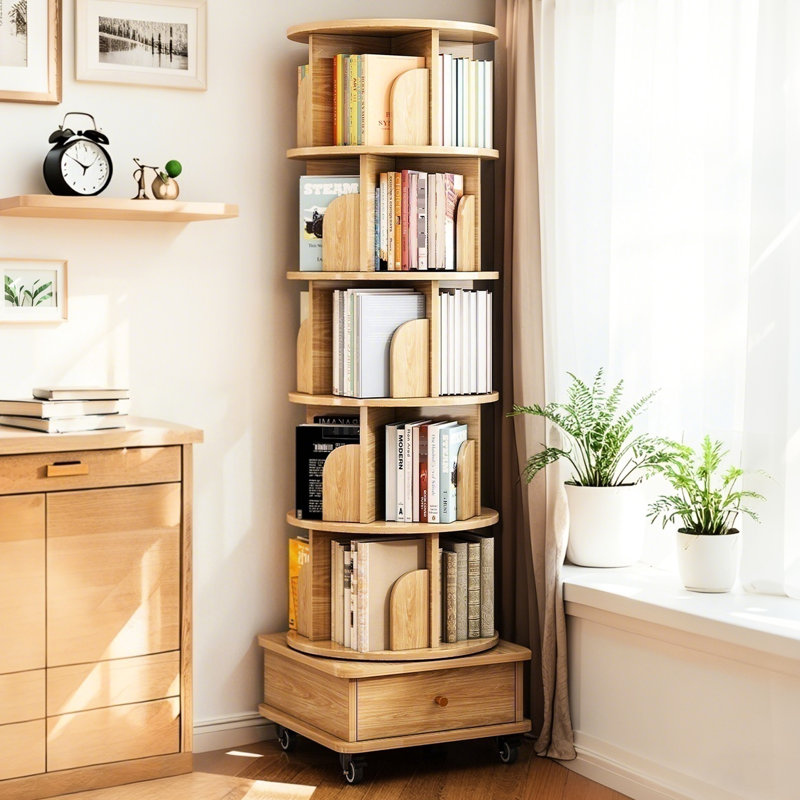 Bibliothèque à 6 niveaux avec roulettes et tiroir, couleur bois