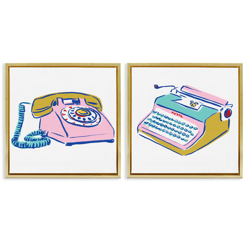 «Vintage Rotary Téléphone Typewriter Dessin», ensemble de 2 toiles flottantes encadrées par June Erica Vess