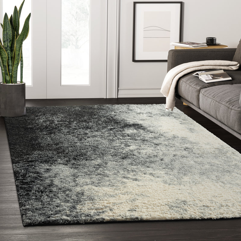 Tapis abstrait gris et ivoire, Rectangle 5 pi 3 po x 7 pi 6 po