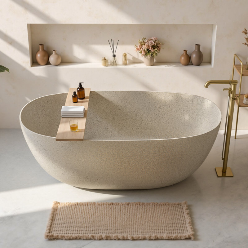StonePure 61"×30" Freestanding Solid Surface Stone Bathtub, Deep Soaking Tub With Overflow, Pop-up Drain, Marble