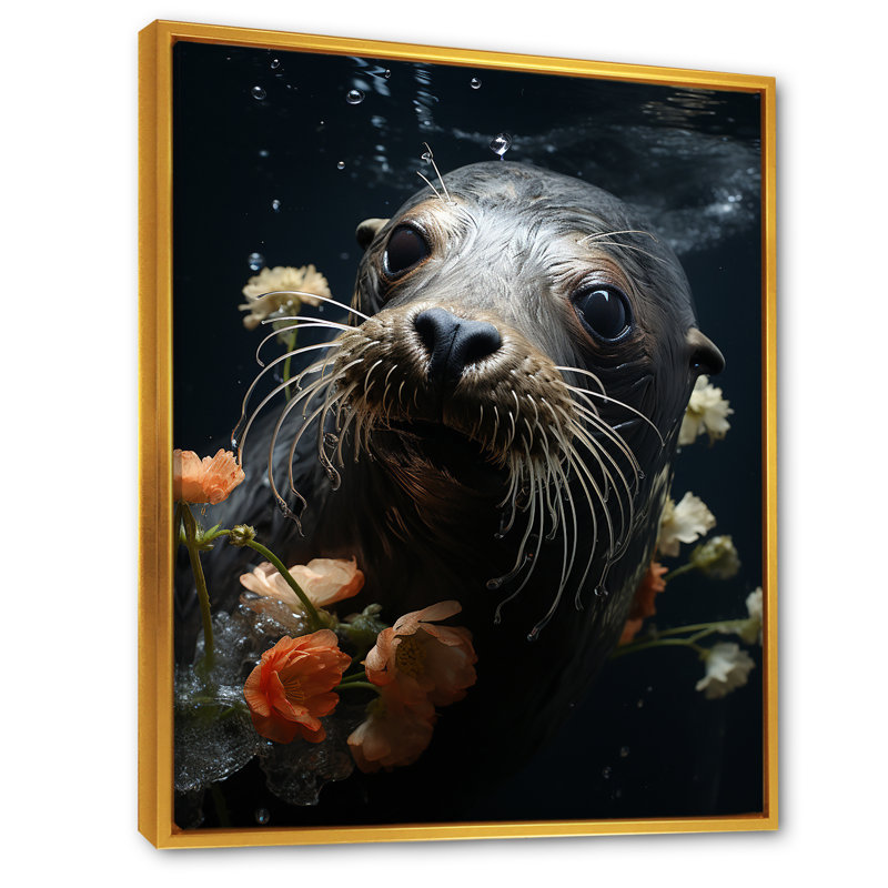 Art floral de phoque commun floral II, Cadre flottant doré, H 44 po x l 34 po x P 1,5 po