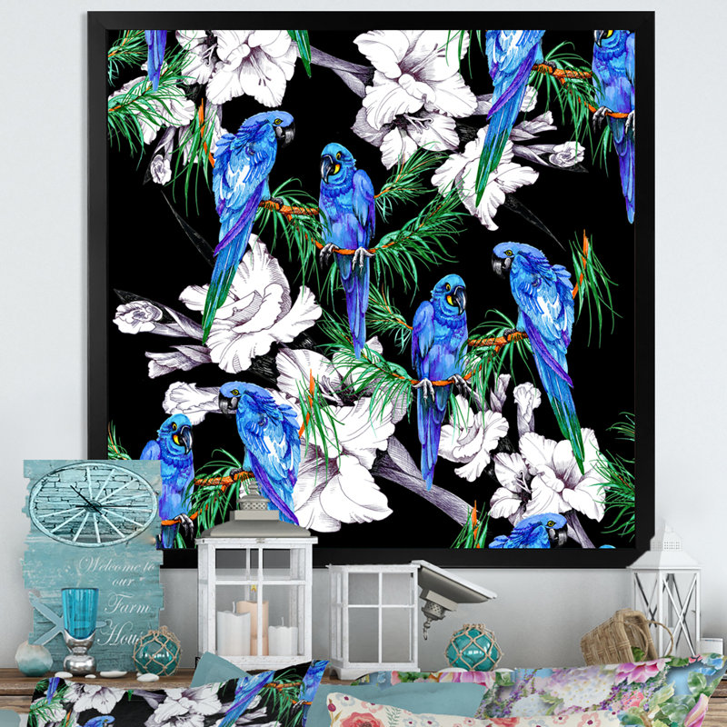Motif de perroquets et de fleurs - sur, Impression noire sur toile encadrée, H 16 po x l 16 po x P 1 po
