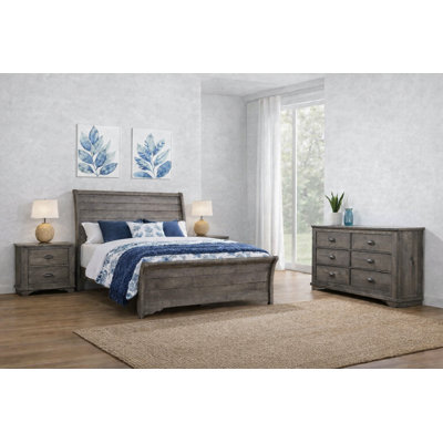 Ensemble de chambre à coucher moderne avec lit-bateau tapissier gris