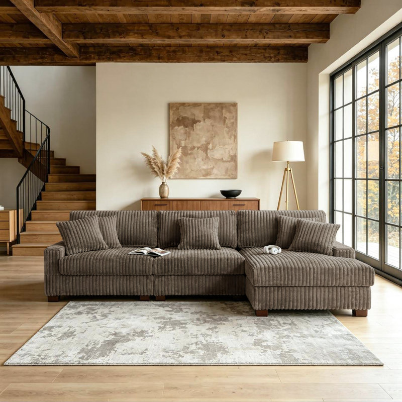 3 - Piece Upholstered Light Brown Faux Rabbit Fur Flannel Modular Sectional Sofa with Armrests & Throw Pillows