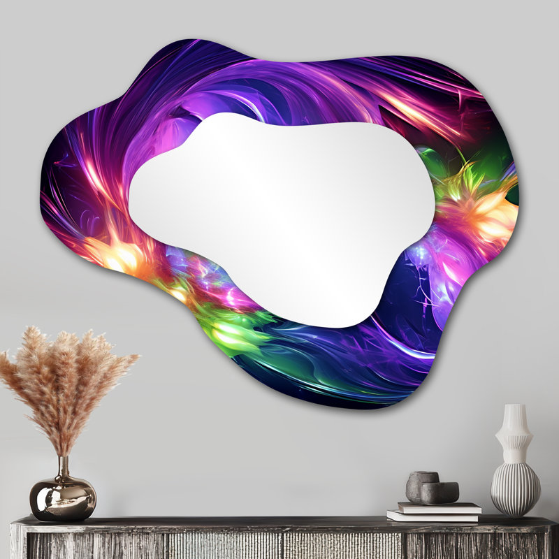 Purple and green Fractal Fusion III - Fractal Asymmetrical Decorative Mirror, Purple Cloud Wall Mirror, Printed Metal Art