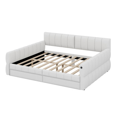 Queen Upholstered Platform Bed With USB Charging Ports, 2 Drawers, Lambswool Upholstery