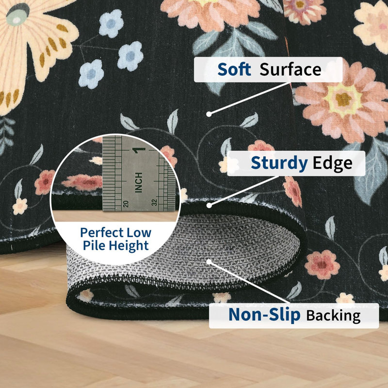 Tapis de couloir 2 x 6 po Tapis de couloir floral pour couloir, Noir, Tapis de couloir 2 pi x 6 pi