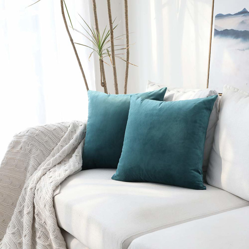 Housse de coussin en velours uni, Bleu sarcelle, H 20 po x l 20 po