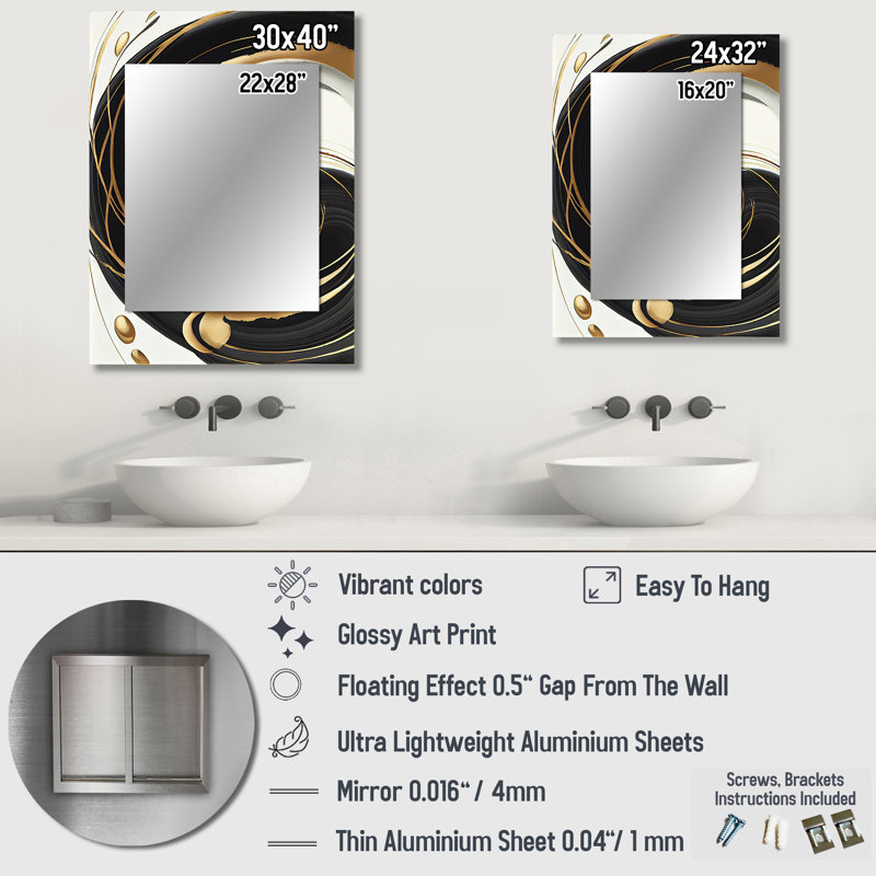 Gold Glamour Circle II - Marble Unique Wall Mirror Decor, Modern Large Mirror, Printed Metal Art, 40" x 30"