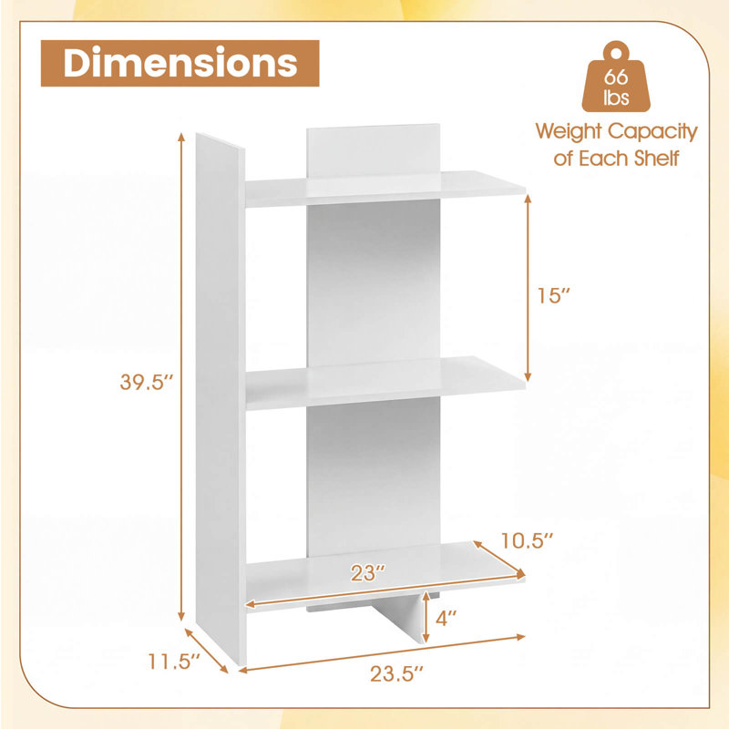 1 PCS 39.5" H x 23.5" W 3-Tier Wooden Bookshelf, Free Standing Open Storage Shelf with Anti-Tipping Kit, White, 1