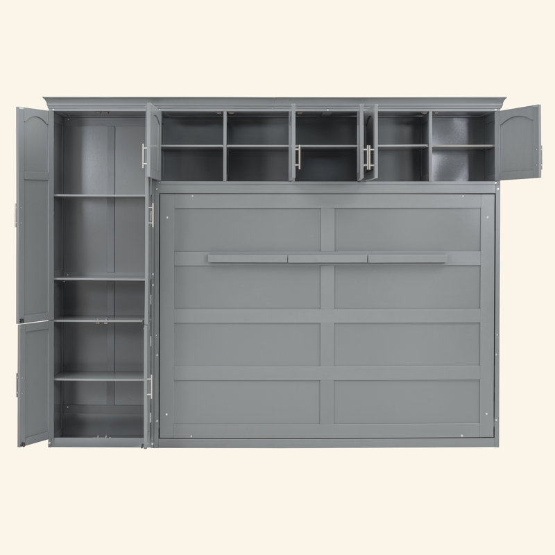 Grand lit escamotable mural avec armoires, Gris