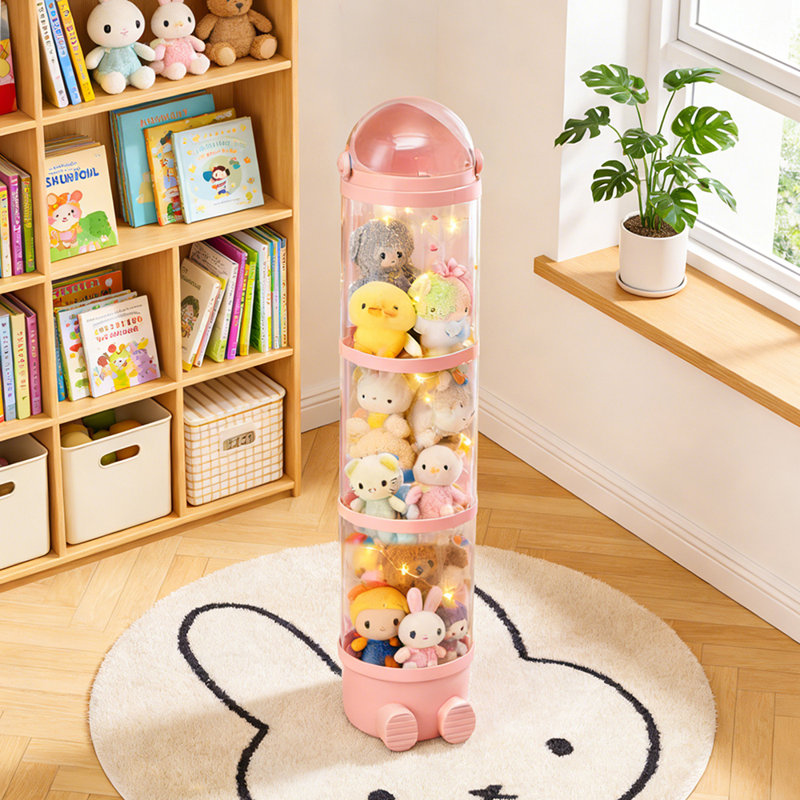 Vertical Clear Plastic Toy Storage Tube Organiser with String Light, 125.5cm H x 23cm W x 29cm D, Transparent/Creamy Pink