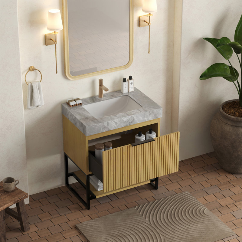 YOLAN 30" Bathroom Vanity&Sink, 30", Marble Grey, Light Oak