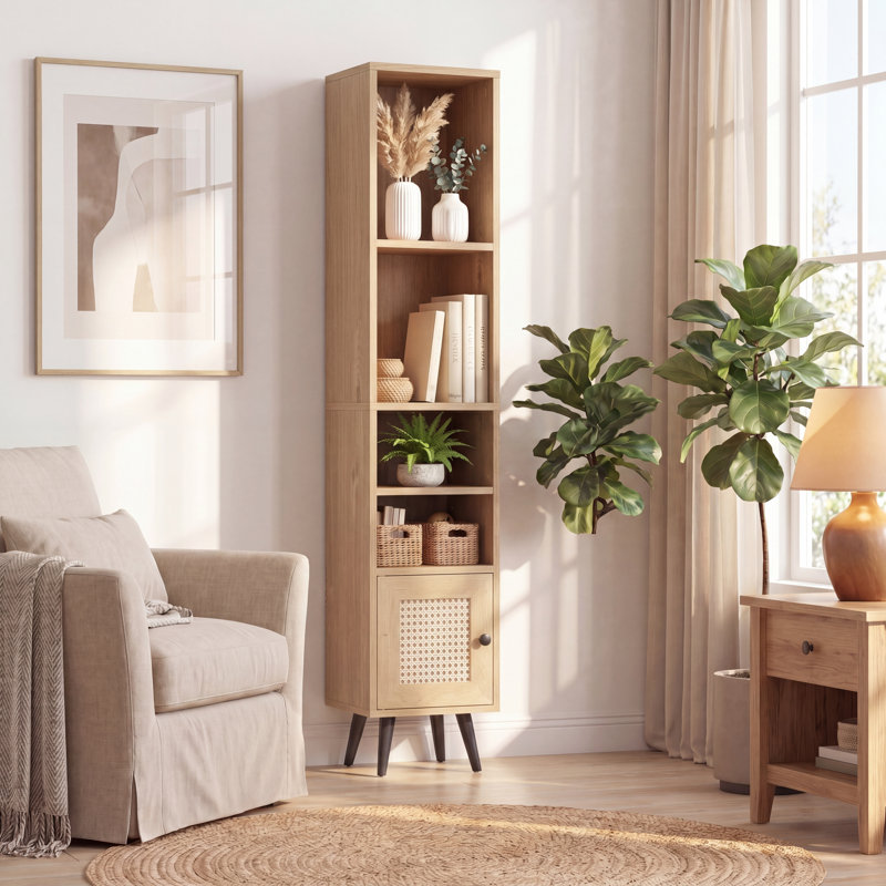 54'' H X 12'' W Slim Tall Rattan Storage Cabinet Boho Accent Bookshelf w/ Rattan Door 12-Position Adjustable Shelf, Natural