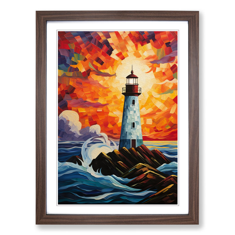 XYZ-FRM-V1223-4201 Lighthouse Orphism No.2 - Single Picture Frame Print on Wood, 64cm H x 46cm W x 2cm D, Walnut
