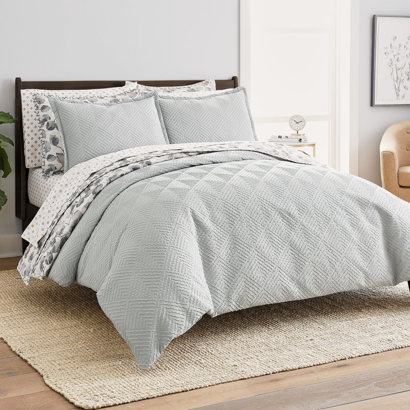 Ensemble de housse de couette réversible en microfibre 3 pièces, Brume portuaire / gris