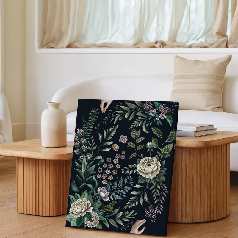 Toile une illustration botanique richement détaillée avec un tableau de fleurs et de feuillages stylisés sur fond noir
