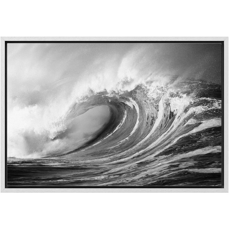 Plage côtière, vagues en noir et blanc, mer nautique, H 16 po x l 24 po, Cadre flottant blanc