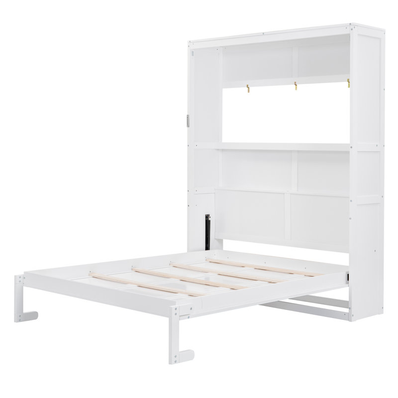 Grand lit escamotable mural avec tablettes encastrées et grand lit mural blanc moderne