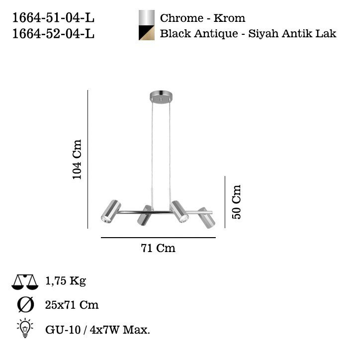 Lustre en chrome élégant, structure en métal, plaque de base 19,7 x 19,7 x 1,2 pouces | Hauteur réglable: 19,7 à 40,9 pouces | 4 ampoules GU10 de 7 W maximum incluses | Élégant luminaire pour décoration intérieure moderne, classé IP20