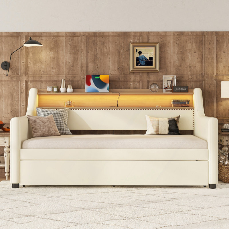 Daybed With Trundle, Upholstered Daybed With Charging Station And LED Lights, White