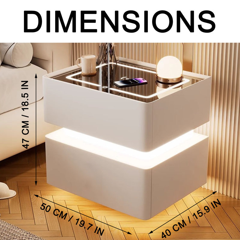 Table de chevet intelligente à 2 tiroirs avec éclairage DEL et recharge sans fil, Blanc