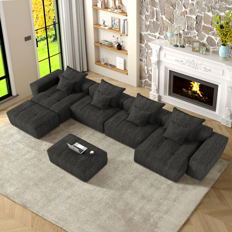 Viola 8 - Piece Upholstered Modern Sectional Sofa, Black Chenille