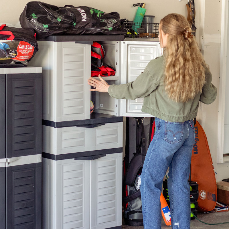 Storage Cabinet with 2 Adjustable Shelves and Center Drawer, Gray/Charcoal Trim