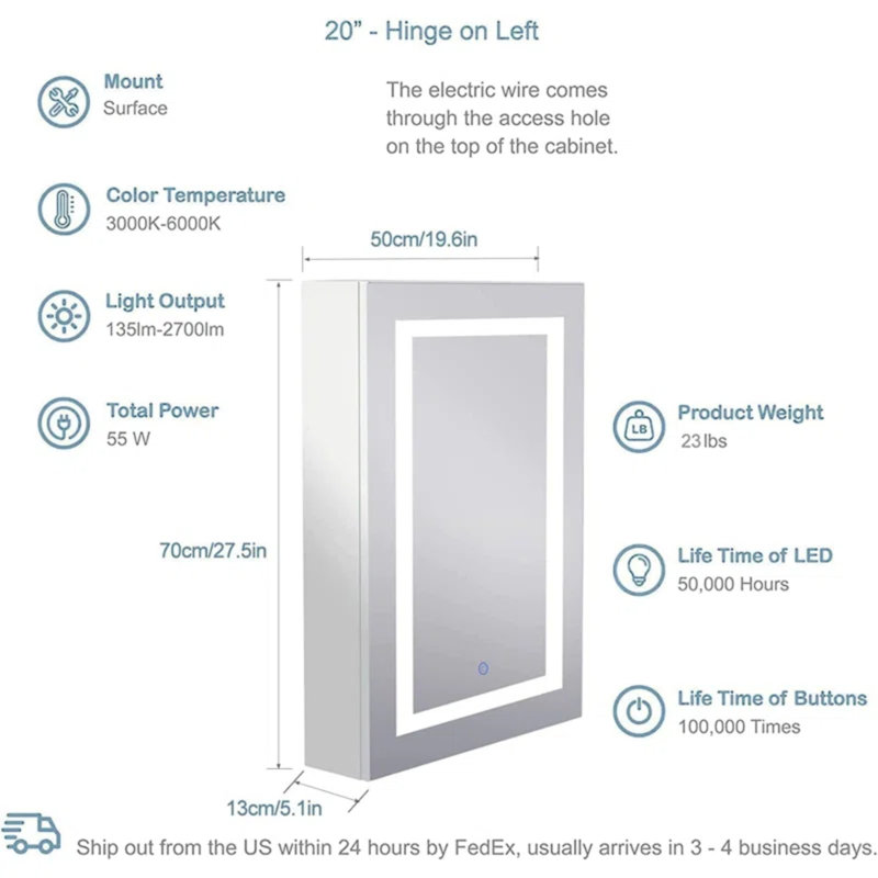 Armoire à pharmacie Glendine l 19,7 po x H 27,6 po avec miroir DEL et 2 tablettes fixes, Blanc