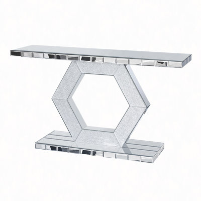 Sparkling Crystal Hexagon Mirror Entryway - Premium Modern Foyer Console Table With Diamond Glass Effects, Dual-Tier Luxury Sofa Table (55"L X14.17"W * 31.5"H)
