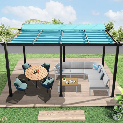 Pergola extérieure de 3,35 m x 4,88 m avec toile bleu lac. Structure en aluminium. Toile délavée. Store rétractable. Montage facile. Idéal pour cour, pelouse, piscine et mobilier de jardin. Couleur : bleu. Structure : rouille.