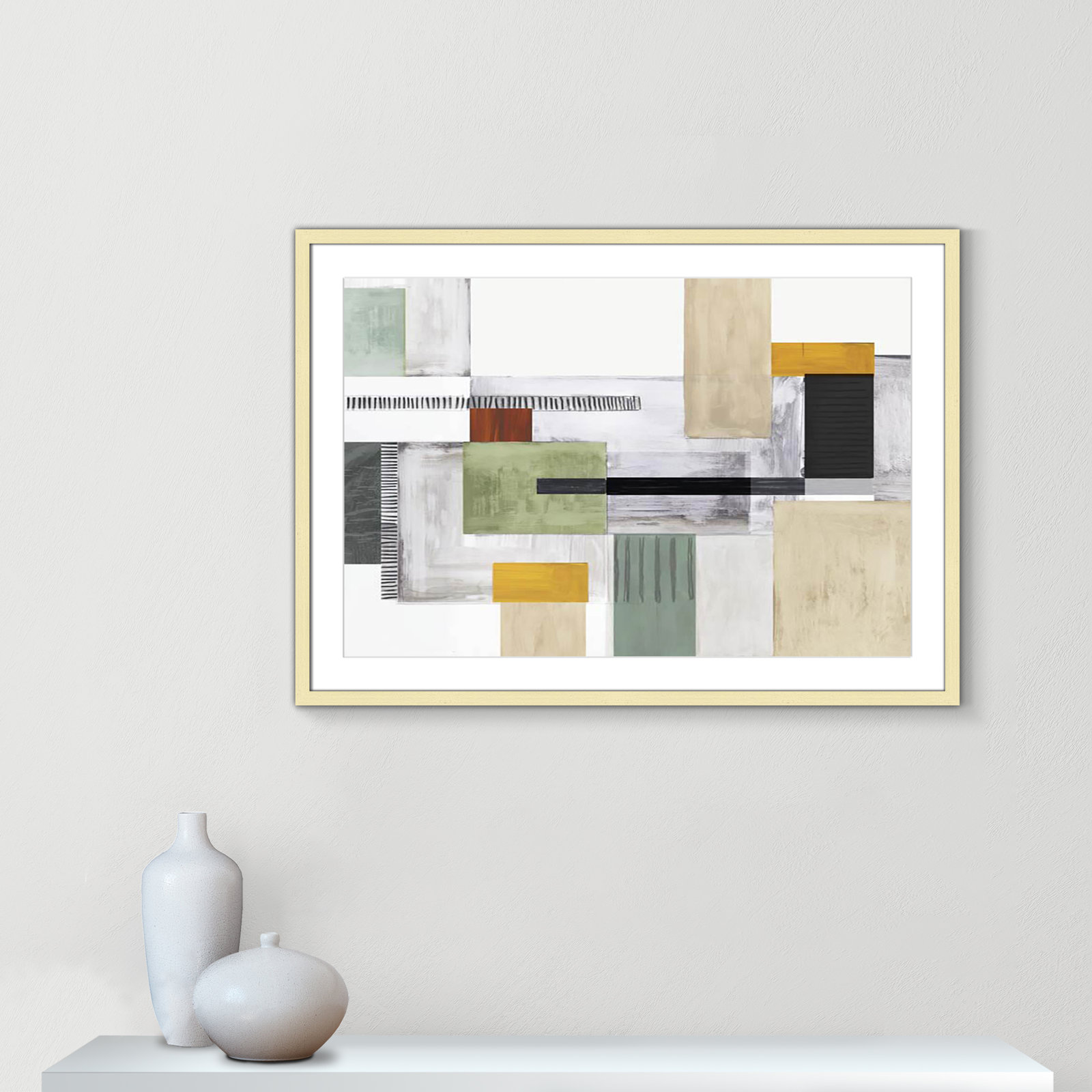 Playful Blocks Print by Tom Reeves, 25.5" H x 35.5" W x 1.25" D, Gold Box Picture Framed, White
