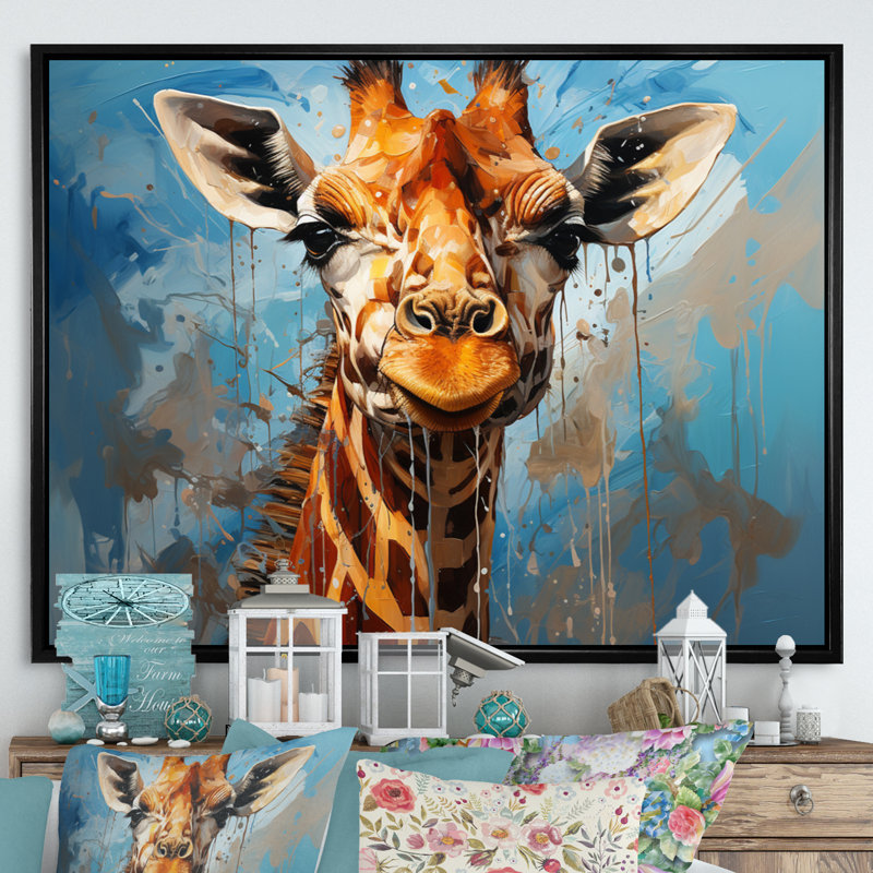 Collage animal girafe cobalt - imprimé, Cadre flottant noir, H 34 po x l 44 po x P 1,5 po