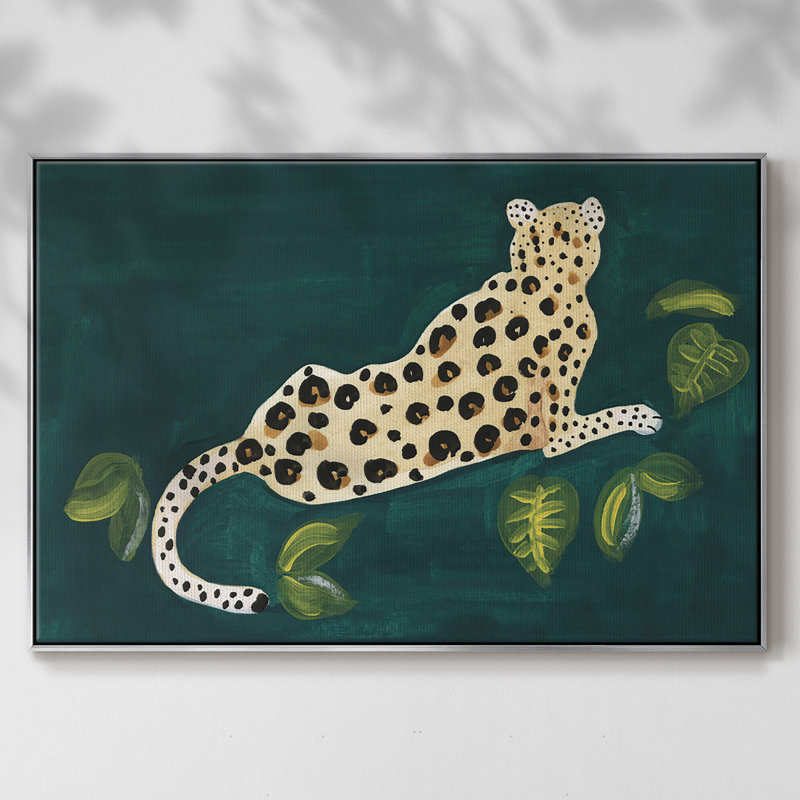 «Lethargic Leopard I», peinture sur toile encadrée, H 17 po x l 25 po x P 2 po, Encadrement argenté
